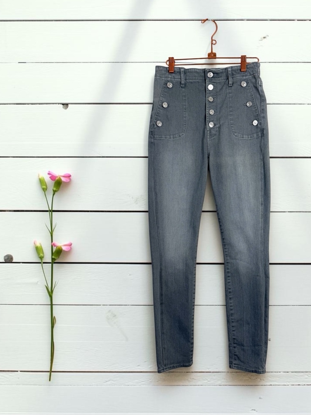 7 For All Mankind Skinny Jeans Button Fly Sailor Military Gray Blue Stretchy 28